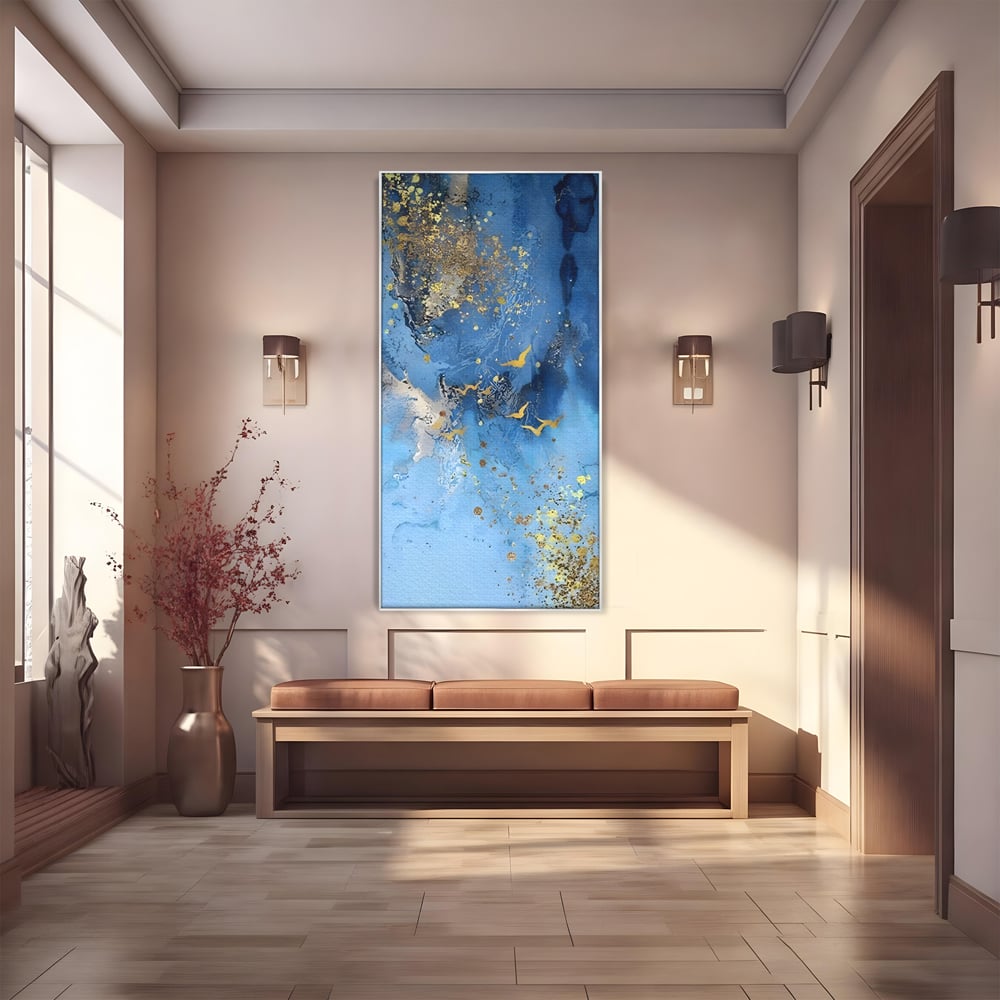 Tablou canvas cu tablou abstract cu pasari aurii, in rama de aluminiu argintiu